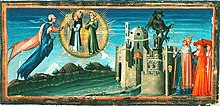 Джовани ди Паоло. Миниатюра към „Божествена комедия“ на Данте. 1440-те г., Британска библиотека. * Миниатюра с изображение на изглед от Флоренция. Куполът на Санта Мария дел Фиоре не е готов.