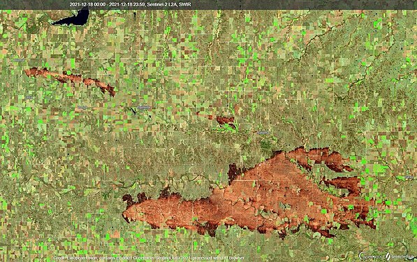 Burn scars of the Rooks County (left) and Four County (right) fires after the wildfire siege.