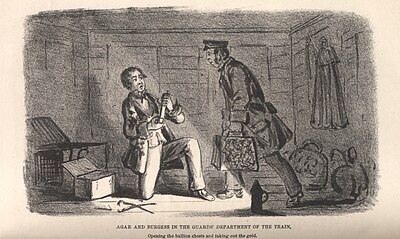 Contemporary news illustration of the robbery. The caption reads "Agar and Burgess in the guards' department of the train: Opening the bullion chests and taking out the gold."