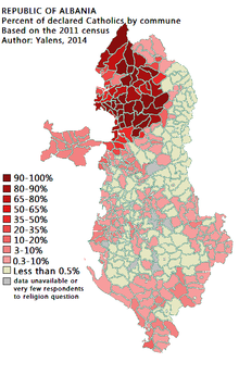 Distribution of Catholic believers in Albania as according to the 2011 Census. Albania declared Catholics census 2011.PNG