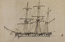 A drawing of a sailing ship with another in the distance. A label written on the drawing reads "Anchor Ship".