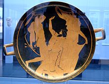 Apollo slaying Tityos, Attic red-figure kylix, 460-450 BC Apollo Tityos Staatliche Antikensammlungen 2689.jpg