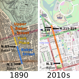 Maps of Baker Street in London in 1890 and today