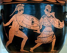 Achilles and Penthesileia (Lucanian red-figure bell-krater, late 5th century BC) Bell-krater Akhilleus Penthesileia MAN.jpg