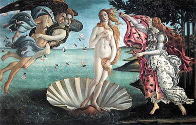 Large rectangular panel. At the centre, the Goddess Venus, with her thick golden hair curving around her is standing afloat in a large seashell. To the left, two Wind Gods blow her towards the shore where on the right Flora, the spirit of Spring, is about to drape her in a pink robe decorated with flowers. The figures are elongated and serene. The colours are delicate. Gold has been used to highlight the details.