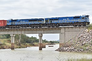 Botswana railways train passing the Notwane bridge, in Gaborone, Botswana.