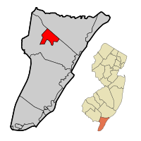 Woodbine Borough highlighted in Cape May County. Inset map: Cape May County highlighted in the State of New Jersey.