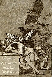 Dessin qui représente un homme endormi, la tête posée sur les bras croisés sur un bureau dont la face avant porte la mention, en espagnol, « le songe de la raison produit des monstres ». Dans son dos et au-dessus de lui évolue un nuée de chauve-souris.