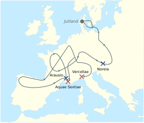 Invaze Kimbrů a Teutonů (modře vítězství, červeně porážky)