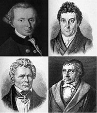 The four principal German idealists, clockwise from Immanuel Kant in the upper left: J.G. Fichte, G.W.F. Hegel, F.W.J. Schelling Deutscher Idealismus.jpg