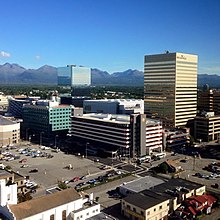 View of downtown Anchorage from the Hotel Captain Cook. The gold building on the right, the Conoco-Phillips Building, is the tallest building in Alaska and exemplifies the importance of the petroleum industry. Downtown Anchorage, Alaska.jpg