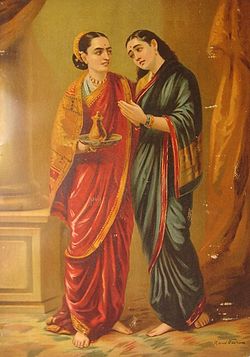 Sudesna (kanan) menyuruh Dropadi mengambil arak dari Kicaka. Lukisan karya Raja Ravi Varma.