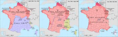 Stages of the German occupation of France, 1940-1943. France map Lambert-93 with regions and departments-occupation evolution.PNG