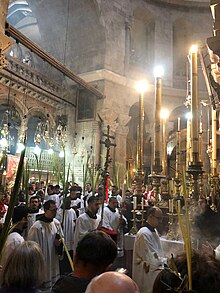 Palm procession at the Holy Sepulchre - both the procession and the palm branches are sacramentals Holy Land 2018 (1) P043 Holy Sepulchre palm procession.jpg