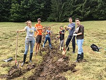 Sechs junge Erwachsene arbeiten mit Schaufeln.