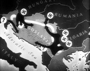 Кадр анимационной карты вторжения в Югославию из документально-пропагандистского фильма Франка Капры «За что мы сражаемся»