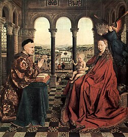 Virxe del canciller Rolin, de Jan van Eyck (h. 1435). Tomada na Revolución francesa. Anguaño ta espuesta nel Muséu del Louvre en París.