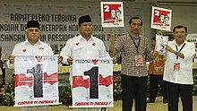 The candidates after being assigned their ballot numbers. Left to right: Hatta Rajasa, Prabowo Subianto, Joko Widodo and Jusuf Kalla Jokowi Prabowo nomor urut.jpg