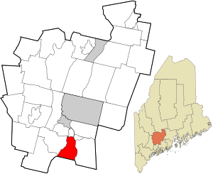 メイン州におけるケネベック郡（右下図）と同郡におけるガーディナー市の位置