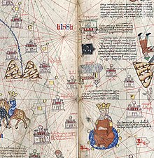 Kingdom of Chagatai in the Catalan Atlas (1375). The Khan Kebek (r. 1309-1325) is depicted with the caption: Here reigns the King Chabech (Kebek), lord of the Medeja [Media] Empire. He resides at Emalech (Almaliq). His cities appear with the Chagatai flag (). Kingdom of Chagatai in the Catalan Atlas (1375).jpg