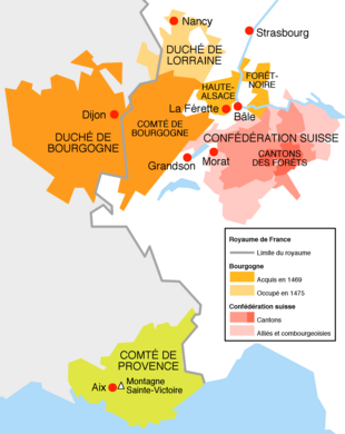 Croquis très simplifié, avec le duché de Lorraine, la Bourgogne, la Haute-Alsace, la Forêt Noire, la Confédération suisse et le comté de Provence, les villes citées dans le livre et les batailles de Grandson, Morat et Nancy.