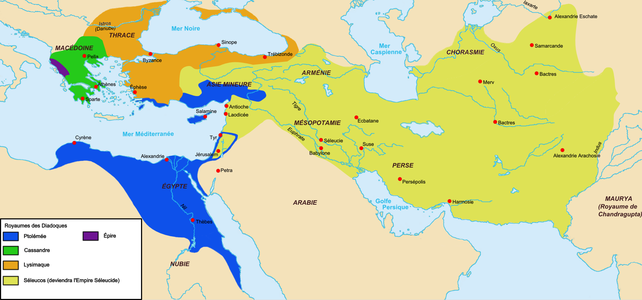 Els regnes dels diàdocs al voltant del 300 aC. El territori governat per Seleuc I Nicàtor (groc) es convertirà en l'Imperi Selèucida