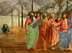 Jesus and nine of the Twelve Apostles depicted with "Floating" disk haloes in perspective (detail from The Tribute Money, illustrating Matthew 17:24–27, by Masaccio, 1424, Brancacci Chapel). A the old one