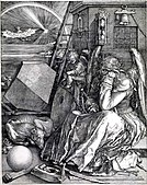 Albrecht Dürer, Melencolia I (1514): Unused tools, an hourglass, an empty scale surround a female personification, with other esoteric and exoteric symbols.