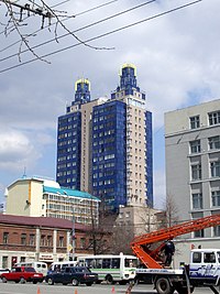 The recently completed second-tallest building of Novosibirsk, nicknamed "BlueTooth", "Batman", "Plug", etc.