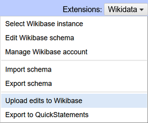 Screenshot of the OpenRefine Upload to Wikibase menu option