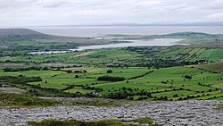 View northwest from Turlough Hill, with the Oughtmama churches at the foot of the hill, Corcomroe Abbey, two ruined castles and the Finavarra Martello Tower in the back