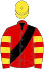 Red, black sash, red and yellow hooped sleeves, yellow cap