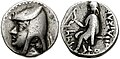 سکه نقره دراخما اشک (ارشک) یکم، نام پادشاه به خط یونانی روی سکه حک شده‌است.