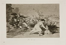 In the distance the town, people fleeing on horseback and by foot. A woman holding one child in her arm reaches for another who has fallen to the ground; as an army approaches.