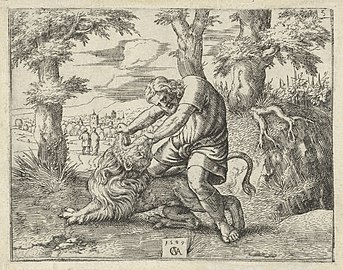 G5. Samson tue le lion à mains nues, signée : 1549/CMA.[18]