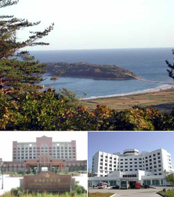 Rason sights: Bipaseom Island (top), Imperial Hotel and Casino (bottom left), Rason Hotel (bottom right)