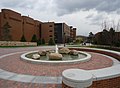 A look at a fountain on campus. Thomas Gosnell Hall sits in the background, home to the university's science center.