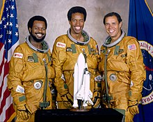 The first three African Americans to travel into space - Ron McNair, Guy Bluford and Fred Gregory Ronald McNair, Guion Bluford, and Fred Gregory (S79-36529, restoration).jpg