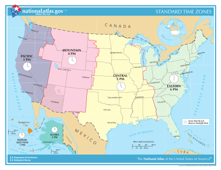 U.S. time zones. (Some U.S. time zones are not on this map.) US-Timezones.svg