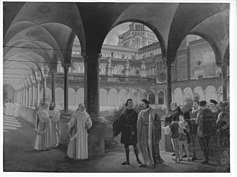 Veduta del cortile della Certosa di Pavia con Ludovico il Moro e Carlo VIII, Federico Moja, 1840 - 1860.