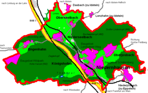 Superrigardmapo de la Niedernhausen-municipa areo kun ĝiaj centroj