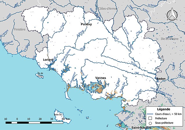 Carte des cours d'eau de longueur supérieure à 50 km du Morbihan.