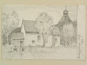 Kyrkan med klockstapeln på berget, tecknad av Ferdinand Boberg 1923.