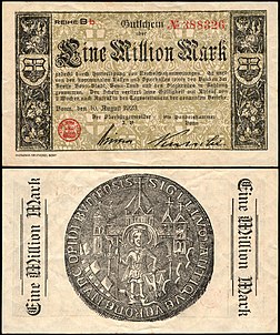 Nota de 1 milhão de marcos Notgeld emitida em 1923 pela cidade alemã de Bonn. Anverso: Selo da cidade de Bonn (definição 3 604 × 4 323)