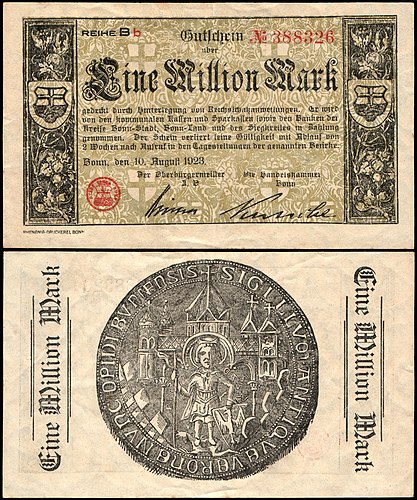 Банкнота-нотгельд в 1 миллион марок, выпущенная в Бонне в 1923 году