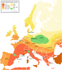 Spread of bubonic plague in medieval Europe.
The colors indicate the spatial distribution of plague outbreaks over time. Bubonic plague-en.svg