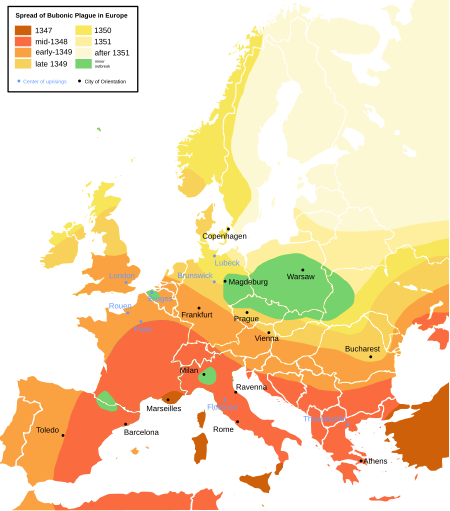 A computer generated map of Europe, with bands of colour marking the spread of the Black Death. England appears in amber, showing infection halfway through the epidemic