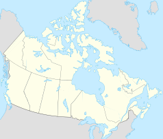 Mapa konturowa Kanady, blisko lewej krawiędzi na dole znajduje się punkt z opisem „Radical Entertainment”
