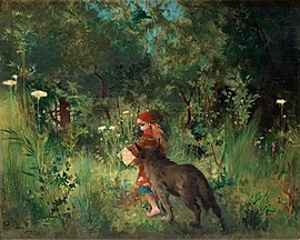 The European fairy tale Little Red Riding Hood and the Wolf in a painting by Carl Larsson in 1881. Carl Larsson - Little Red Riding Hood 1881.jpg