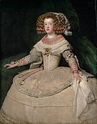 La infanta María Teresa de España (1652), con apretado corsé y abultado guardainfante bajo el vestido, imitado con el llamado "peinado de guardainfante".[45]​